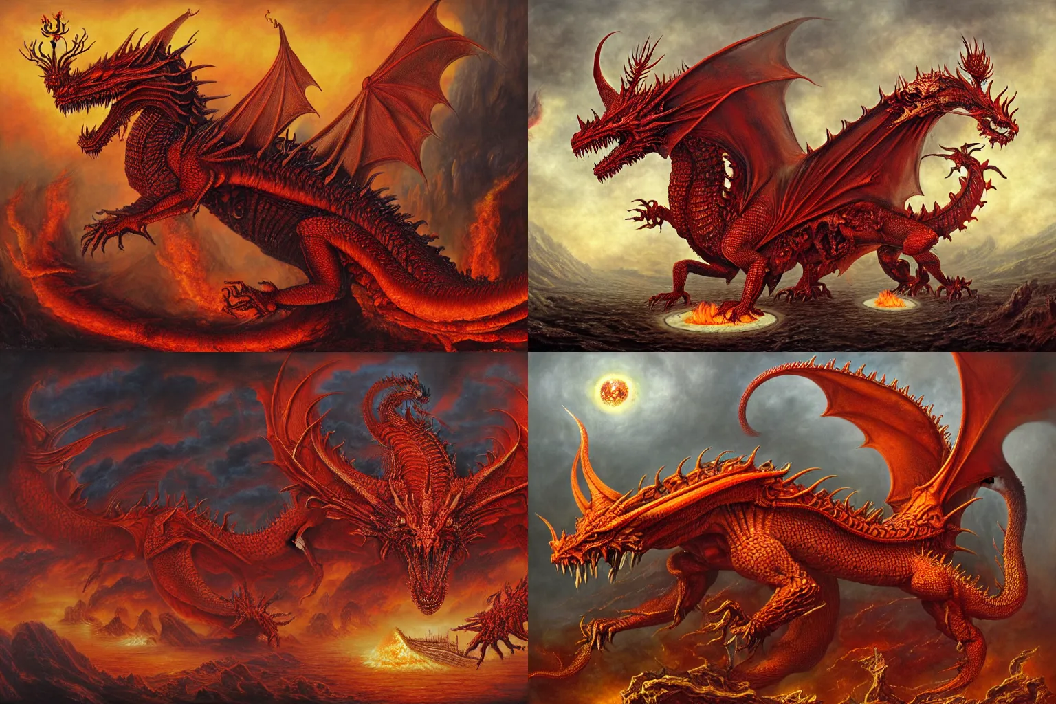 Prompt: a great fiery red dragon with 7 heads wearing crowns, and 10 horns, detailed, intricate, matte painting by Mariusz Lewandowski, Giger and Jacek Yerka