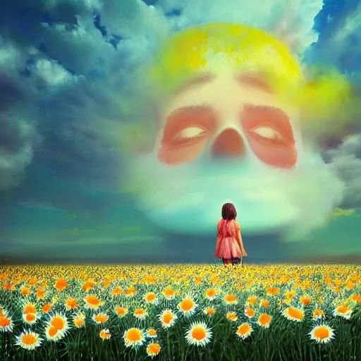 Image similar to head and face made of giant daisies, girl standing barefoot in a flower field, holding flowers, surreal photography, sunrise dramatic light, impressionist painting, colorful clouds, large sky, digital painting, artstation, simon stalenhag, flower face