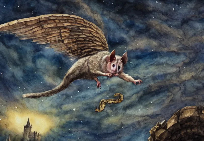 Image similar to winged possum flying over a medieval castle under a dark starred sky, dark fantasy, watercolor, dreaming illusion, highly detailed, 4k, trending on Artstation, award-winning