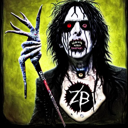 Image similar to graphic illustration, creative design, alice cooper as rob zombie, biopunk, francis bacon, highly detailed, hunter s thompson, concept art, mixed media