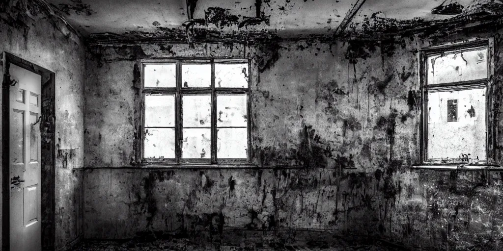 Prompt: a very dark room at night in a derelict house with one light, black and white, grungy