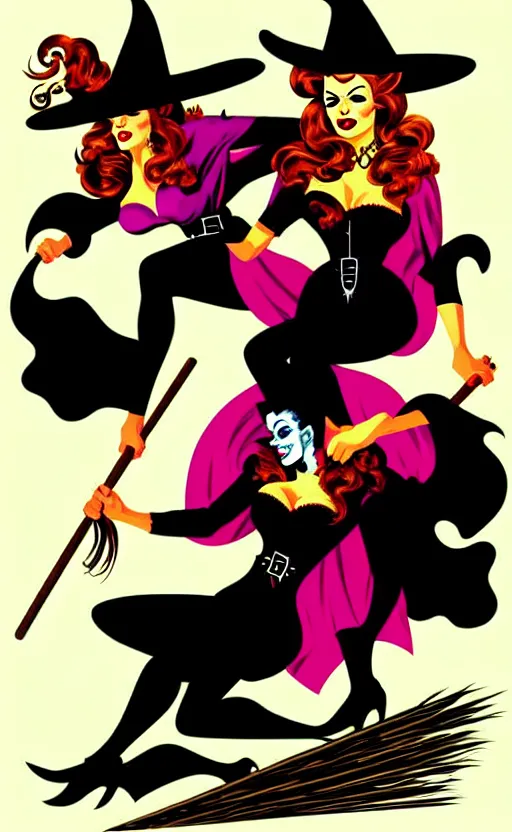 Image similar to witches riding brooms, detailed faces, psychobilly, rockabilly, punk, full body, white background, vector art, illustration by frank frazetta