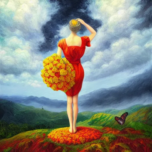 Image similar to giant flower head, frontal, woman standing on mountain, surreal photography, stormy sky, colorful clouds, impressionist painting, digital painting, artstation, rob gonsalves