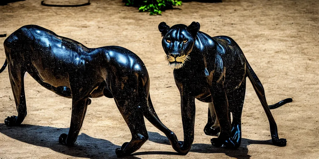 Image similar to the smooth black lioness, made of smooth black goo, in the zoo exhibit, viscous, sticky, full of black goo, covered with black goo, splattered black goo, dripping black goo, dripping goo, splattered goo, sticky black goo. photography, dslr, reflections, black goo, zoo, exhibit