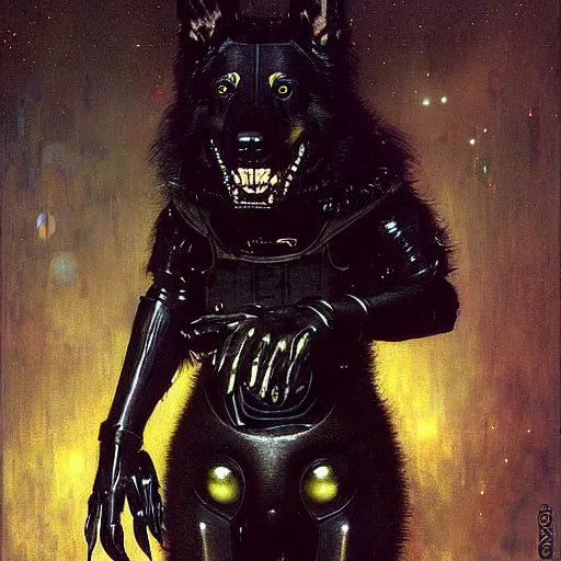 Image similar to portrait black german shepard dogman humanoid!!! bipedal!!! canine neuromancer. spaceship futuristic city. shadowrun cyberpunk fantasy d & d painting by gaston bussiere craig mullins jc leyendecker gustav klimt artgerm greg rutkowski john berkey, bergey, craig mullins, ruan jia, raymond swanland, tom lovell