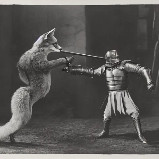 Image similar to anthropomorphic fox man fights in front of a castle against evil knight, 1910s film scene