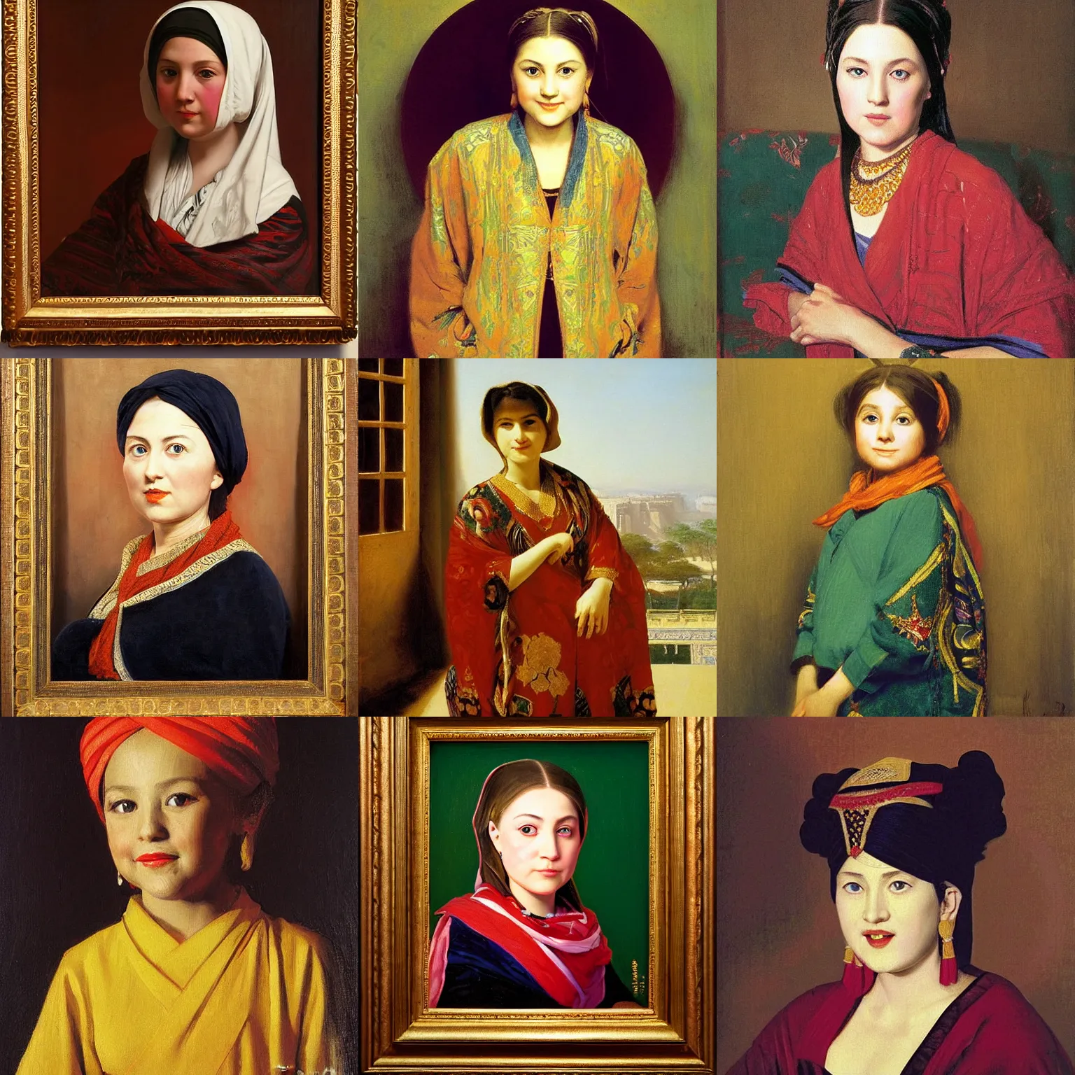 Prompt: orientalist painting of young hillary clinton portrait by jean - leon gerome and otto pilny and adrien henri tanoux