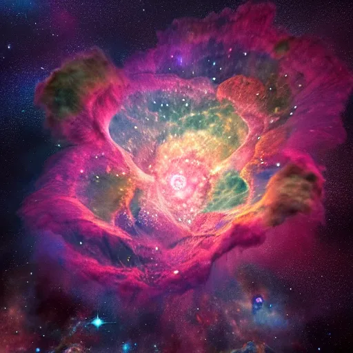 Image similar to a beautiful and intricate the omega nebula an example of an emission nebula is widely spreaded in the galaxy in a style of carl larsson, hyper detailed, 8 k 3 d, trending on artstation. rendered in cinema 4 d, vray octane, hyper realism.