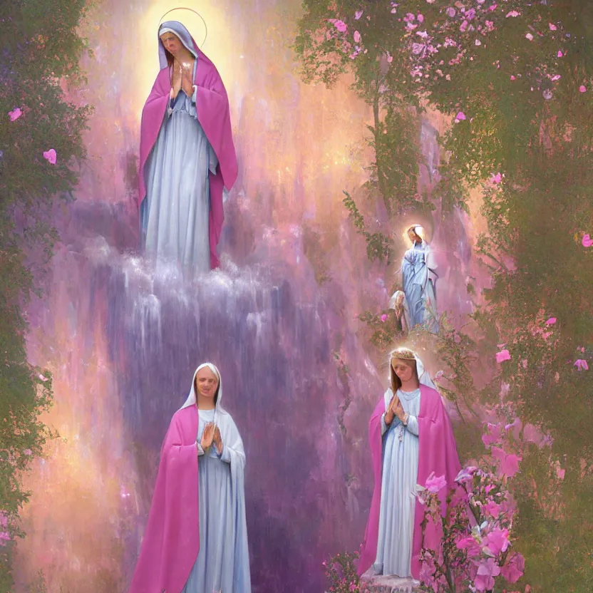 Image similar to virgin mary, our lady of lourdes, blessed mother in front of a pink waterfall with ribbons and angels in clouds. highly detailed digital art. beautiful lighting. trending on artstation. art style by klimt and nixeu and ian sprigger and wlop and krenz cushart