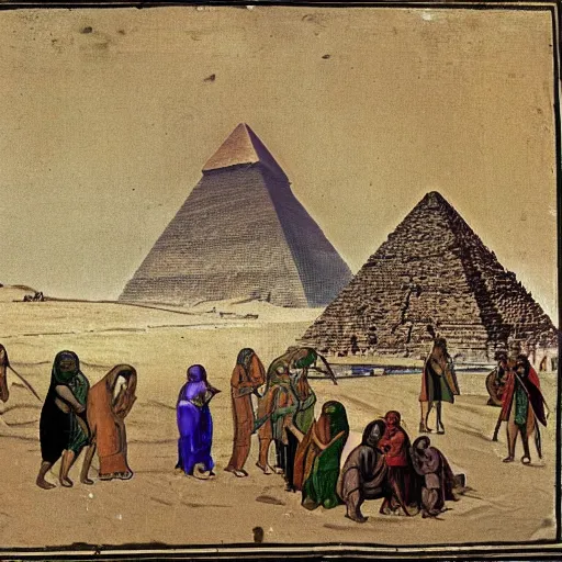 Prompt: the great pyramid of giza being built by chimps, 1 3 th century painting,