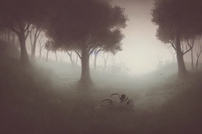 Prompt: “over the garden wall, illustration, 8k, digital masterpiece, gloomy, atmospheric fog, highly detailed”