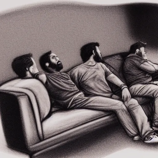 Prompt: 3, dudes sitting on a couch, seen from behind. watching tv. smoking cigarettes, drinking cough syrup. pencil and ink drawing. high detail, octane render,