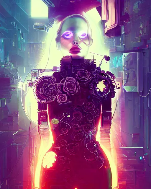 Image similar to portrait of lana del rey as a cyberpunk cyborg. roses, sci - fi, intricate abstract, upper body, intricate artwork, by tooth wu, wlop, beeple, dan mumford. concept art, 8 k octane render, deviantart, greg rutkowski, cinematic, key art, hyperrealism, iridescent accents