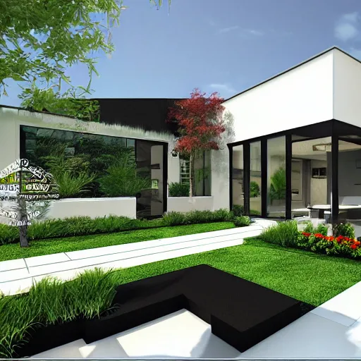 Image similar to an architectural drawing of a modern house with a courtyard, detailed, lush,