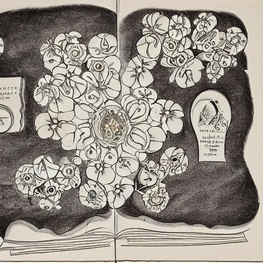 Prompt: technical drawing of a ointment based on forget me not flowers, beautiful design, baroque adorned, delicate, old book, detailed map, notes, scribbles, old paper