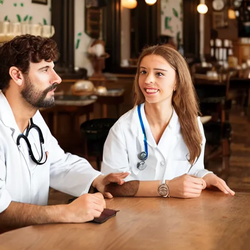 Image similar to A beautiful aesthetic portrait of a male engineer and a female doctor sitting in a victorian style cafe in Miami, 8k,