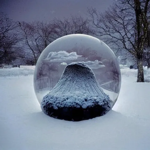 Prompt: a nuclear mushroom cloud inside a gigantic snow globe, surrealism