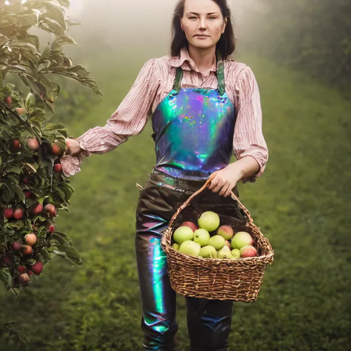 Image similar to a closeup portrait of a woman wearing a muddy iridescent holographic lederhosen, picking apples from a tree in an orchard, foggy, moody, photograph, by vincent desiderio, canon eos c 3 0 0, ƒ 1. 8, 3 5 mm, 8 k, medium - format print