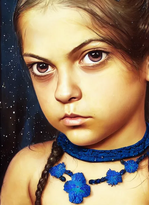 Prompt: portrait of young very muscled Mila Kunis with pigtails hair and bright blue squinting eyes looking directly into the camera, wearing intricate black choker, blue fireflies, snowflakes, Lilia Alvarado, Sophie Anderson, Mark Arian, Bob Byerley, Charlie Bowater, Mark Brooks, Steve Henderson, Justin Gerard, Arthur Hughes, Edward Robert Hughes, Mark Keathley, Victor Nizovtsev, Carlos Shwabe, Ross Tran, WLOP, Allan Lee, John Howe