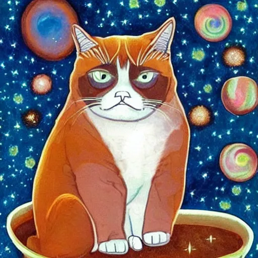 Image similar to Grumpy cat bathing in the opalescent cosmos, his worries melting away leaving a slight smirk on relaxed face, surrounded by stars and fancy feast, his decadence knows no bounds, he is grumpy no more