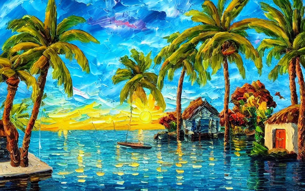 Prompt: a very tiny island surrounded by water with a cute cozy cottage with a terrace, a paved garden courtyard with benches and a fountain, palm trees, river, sunset, puffy clouds, dramatic and dynamic lighting, thick brush strokes oil impasto painting