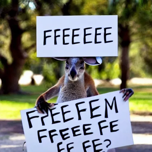 Image similar to < photo hd legible > a kangaroo holding a sign that says'free ross'< / photo >