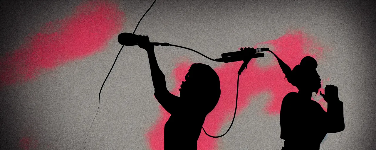 Prompt: woman rapping into microphone, silhouette, outrun, hip hop, digital art, 4k