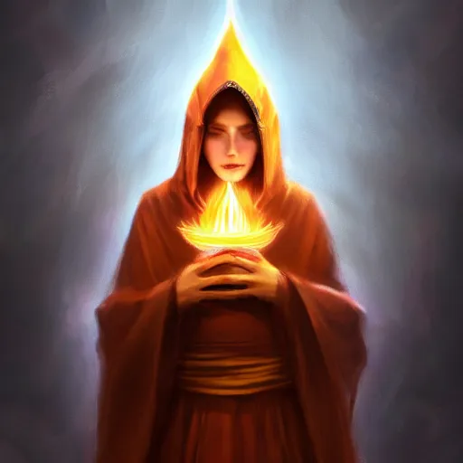 Image similar to ( a priestess with a hood that covers half her face carries an incense burner that emits a pleasantly colored flame. ) by anato finnstark, photorealistic, full body portrait, dynamic lighting, beautiful, trending on artstation, wallpaper, 4 k, award winning, digital art, golden hues, dream background