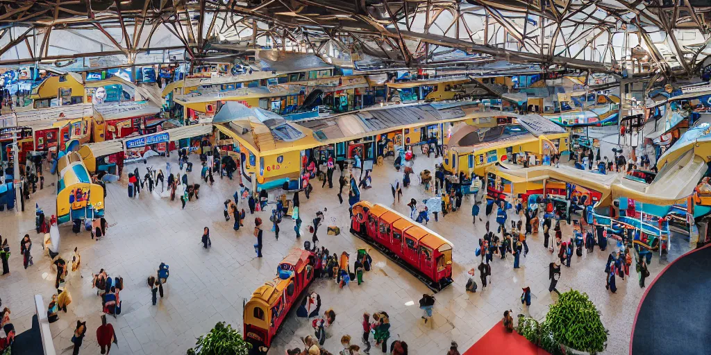 Image similar to overhead shot of inside a teddy bear train station, professional photography,