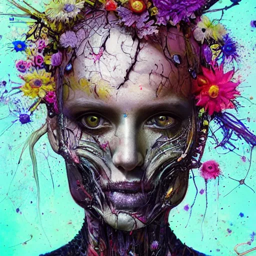 Prompt: art portrait of an android with flowers exploding out of head, decaying ,8k,by tristan eaton,Stanley Artgermm,Tom Bagshaw,Greg Rutkowski,Carne Griffiths, Ayami Kojima, Beksinski, Giger,trending on DeviantArt,face enhance,hyper detailed,cityscape background,cybernetic, android, blade runner,full of colour,