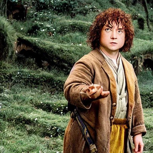 Image similar to Bartook is a twenty-something hobbit with curly brown hair who is slightly overweight, high resolution film still, movie by Peter Jackson