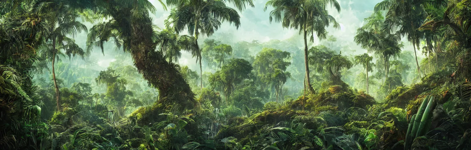 Prompt: painting of a jungle scene on an alien planet by vincent bons. ultra sharp high quality digital render. detailed. beautiful landscape. weird vegetation. water.