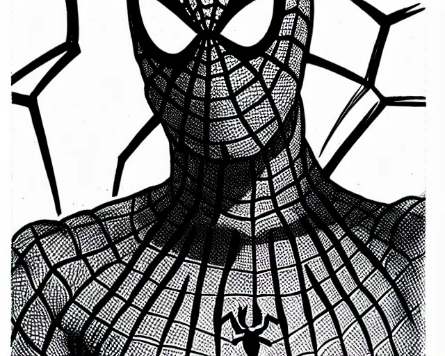 Image similar to photorealistic sketch of black spider - man with gold webbing by steve ditko