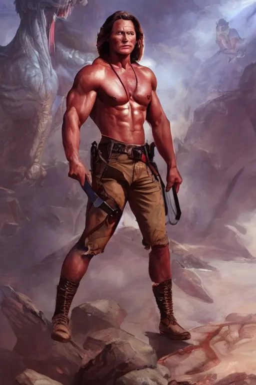 Prompt: pretty muscular sam winchester as indiana jones, clothes torn apart, fantasy style, sharp focus!, ultra detailed, art by artgerm and peter andrew jones, wlop