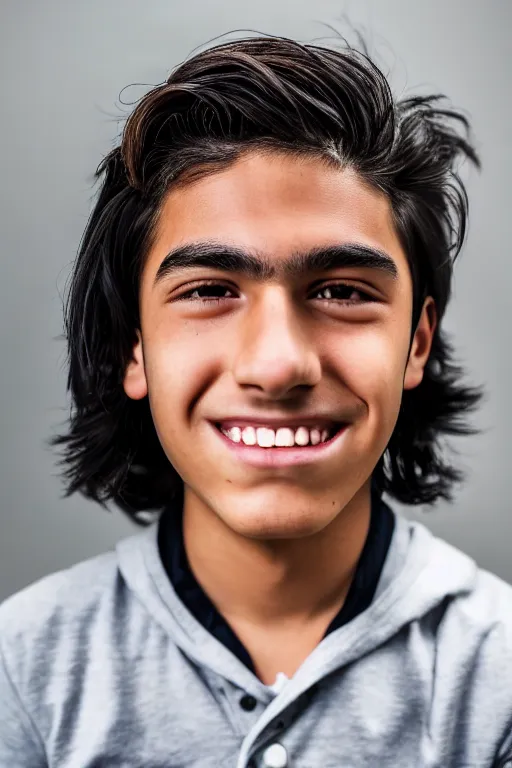 Image similar to close up headshot of an androgynous Hispanic teen boy with medium length slightly wavy black hair a wide smile brown eyes a small nose tidy plucked eyebrows dark brown eyes and a diamond shaped face, high resolution film still, 8k, HDR color