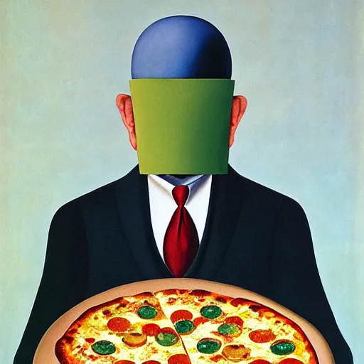 Prompt: painting of a man with a pizza for a head by Magritte