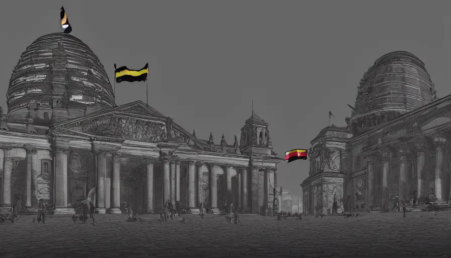 Image similar to concrete berlin with huge fortress and buildings, grey sky, german flags on the walls, giant reichstag, crowd, hyperdetailed, artstation, cgsociety, 8 k