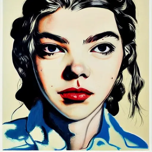 Prompt: beautiful female anya taylor - joy portrait in detail in oil by james jean, by andy warhol, by roy lichtenstein, by egon schiele