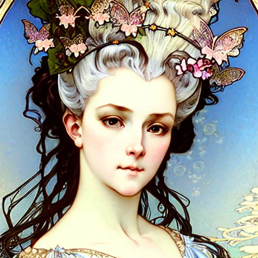 Prompt: realistic detailed face portrait of young beautiful fairy tale Queen Marie Antoinette with a halo of butterflies by Alphonse Mucha, Ayami Kojima, Yoshitaka Amano, Charlie Bowater, Karol Bak, Greg Hildebrandt, Jean Delville, and Mark Brooks, Art Nouveau, Pre-Raphaelite, Neo-Gothic, gothic, Art Nouveau, intricate fine details, whimsical, exquisite, rich deep moody colors, beautiful detailed background