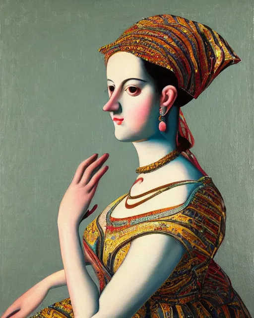 Image similar to “a painting of a female figure adorned with a dress created by calligraphic flourishes, ambient occlusion, ultra detailed, soft facial features, geometric array of shapes fading into the background, shallow depth of field, medium shot, bokeh, subtle shadows, monochromatic color scheme, pops of color, pastel tones, hd”