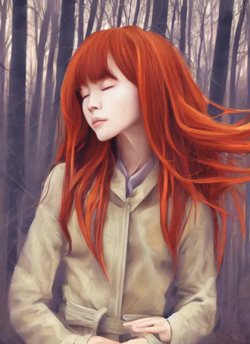 Image similar to portrait painting by tatsuki fujimoto, girl with fox ears, long wavy orange hair, light brown trenchcoat, forest background, focus on face, pretty, moody lighting, painterly