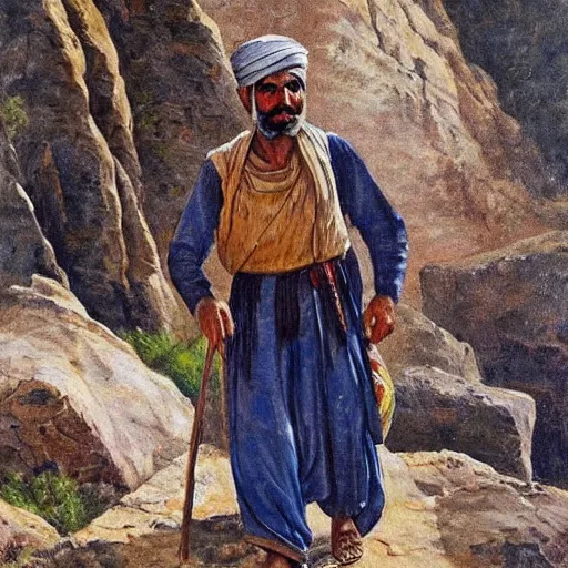 Prompt: kurdish kolbar man walking up a mountain carrying lots of goods on his back, beautiful painting by henry justice ford, incredible detail, award winning art