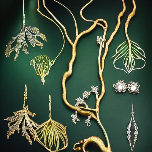 Prompt: jewellery fine lines with filigree faberge orchid betta whiplash forest liquid lightshow twisted organic natural forms twisted branches curling leaves designed by kilian eng and william morris, gold and jade, studio photography beautiful set up with driftwood