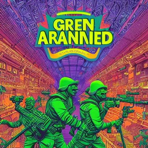 Prompt: a plastic green army men manufacturing line, artwork by greg hildebrandt and dan mumford, vibrant colors, children's book cover artwork