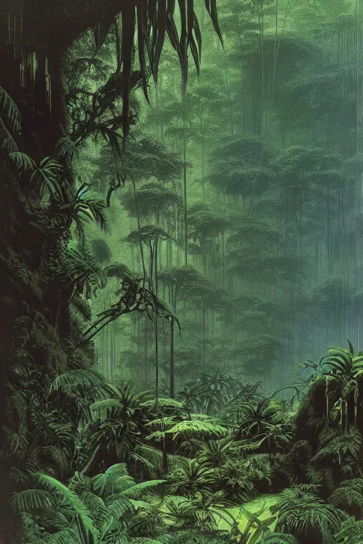 Image similar to emissary green endor jungle ( designated : ix 3 2 4 4 - a ) by arthur haas and bruce pennington and john schoenherr, cinematic matte painting, 8 k, dark color palate