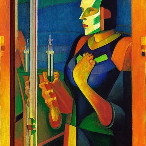 Image similar to the robot wearing her human mask, by prudence heward and donato giancola and nicholas roerich, symbolist, dramatic lighting, elaborate geometric ornament, art brut, god rays, soft cool colors, smooth, sharp focus, extremely detailed