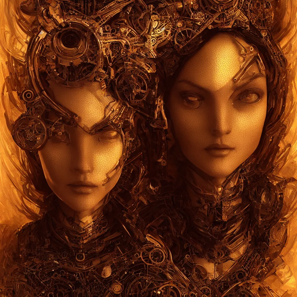 Prompt: face portrait android woman time machine beautiful symmetrical face axonometric mechanical fantasy intricate elegant highly detailed in volumetric void of latent space, golden steampunk, high contrast cinematic light, mystical shadows, digital painting, smooth, sharp focus, divine realm of gods, octane render, photographic, concept art, artist leonardo davinci, unreal engine 8 k