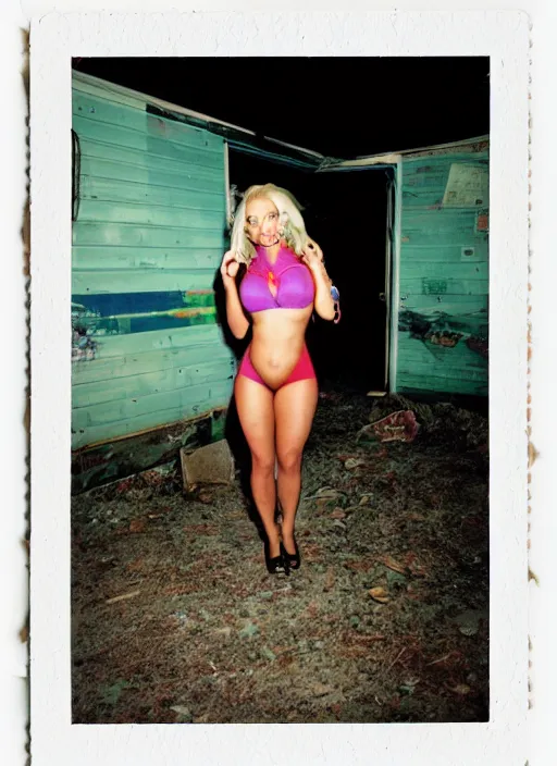 Prompt: Whole body and face wide shot of Britney Murphy in an abandoned trailer park, polaroid clear, colorful image
