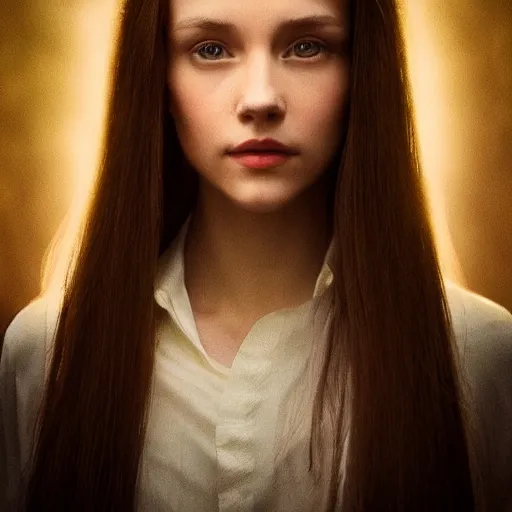 Image similar to pure and kind aristocratic long straight brunette female, complete person, innocent, pure, naive, atmospheric lighting, painted, intricate, volumetric lighting, beautiful, rich deep colours masterpiece, golden hour, sharp focus, ultra detailed, by leesha hannigan, ross tran, thierry doizon, kai carpenter, ignacio fernandez rios