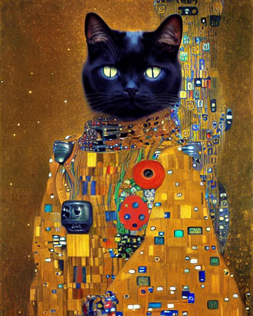 Prompt: robotic cat portrait an oil painting splashes with many colors and shapes by gustav klimt greg rutkowski and alphonse mucha, polycount, generative art, psychedelic, fractalism, glitch art